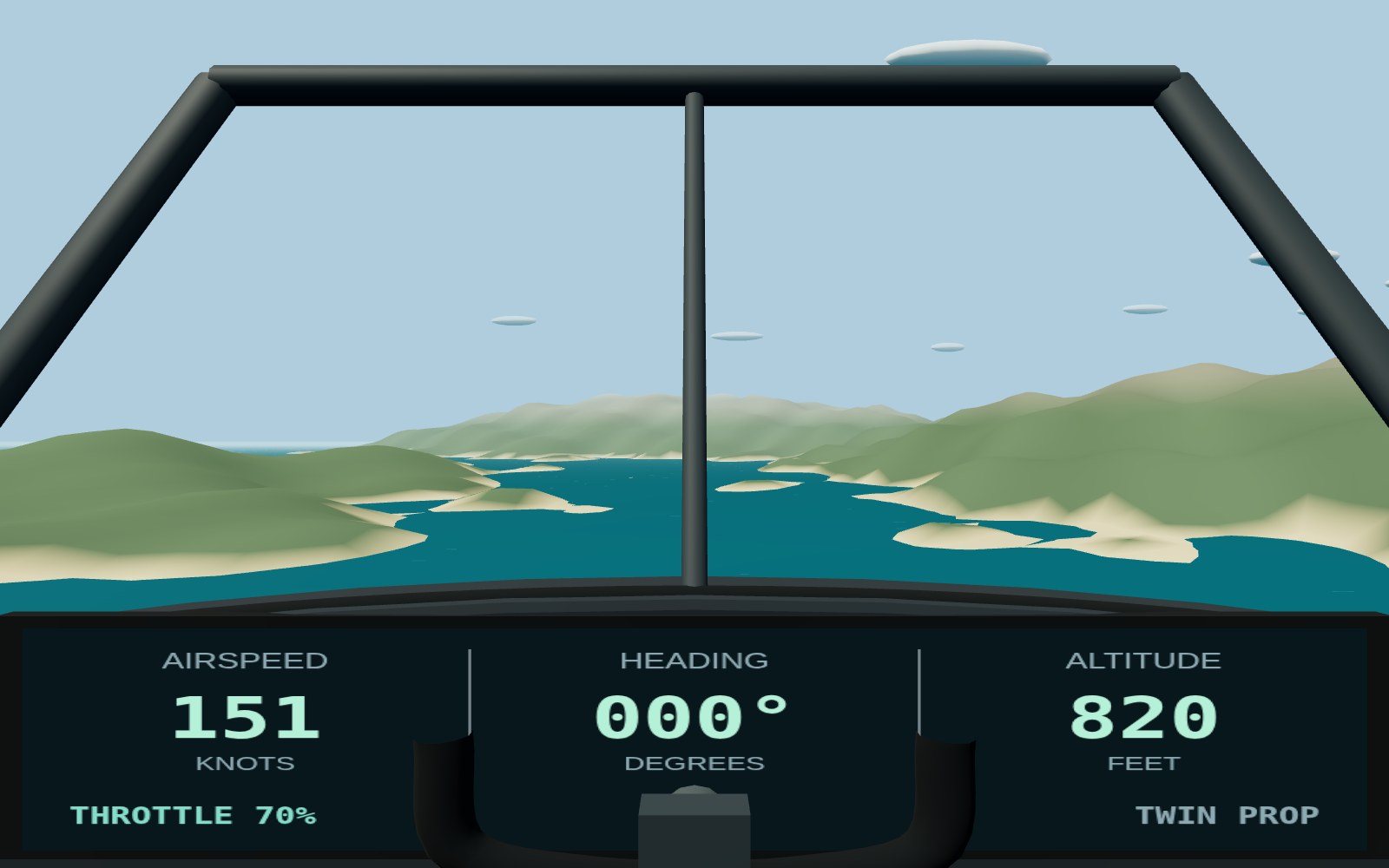 First-person cockpit with windshield frame, control yoke and live flight instruments